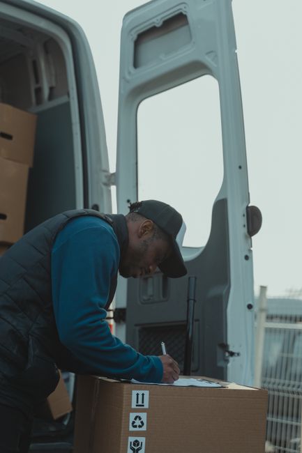 A man wearing a black cap, white t-shirt, and wireless earbuds stands outside near the open side door of a white moving van, which is positioned on a paved area adjacent to a grassy landscape with tre