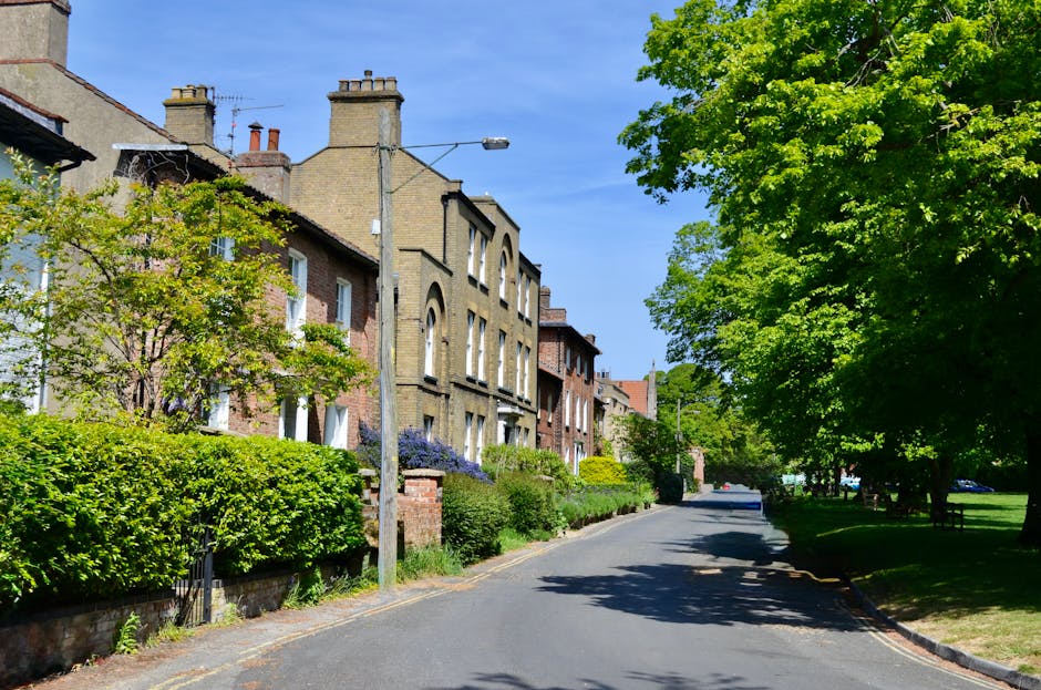 A quiet residential street in Hadley Wood with a row of traditional brick houses featuring chimneys and bay windows, bordered by neatly trimmed greenery, including rose bushes and small trees, on the front gardens. Bright sunlight illuminates the scene, casting shadows of the trees onto the paved road, which curves gently ahead. A tall street lamp stands on the sidewalk near an older lamppost, and the area is lined with mature, leafy trees providing shade. This setting depicts a peaceful neighbourhood suitable for home relocations or moving logistics, with unused trucks and furniture not visible in the image, but the scene is typical of a suburban environment where vehicle access and street suspensions in Hadley Wood might be required during a household move. The clear blue sky adds to the sense of daytime activity, and the street is quiet, allowing for a smooth loading process or furniture transport for a local house removal. Occasionally, [COMPANY_NAME] would assist with such moves, carefully managing the packing and transportation of household items in this area.